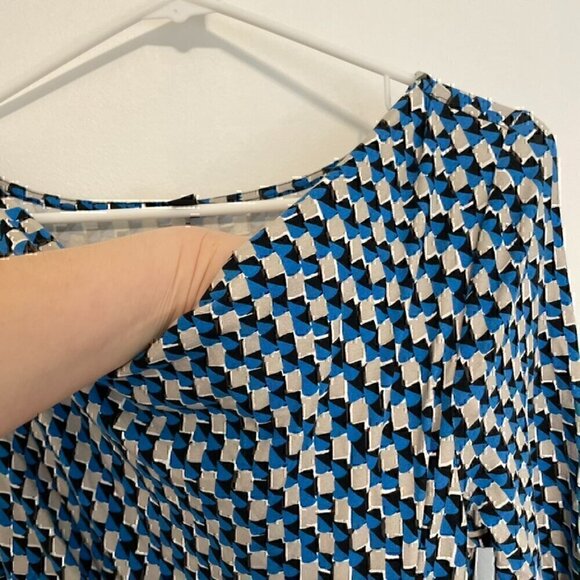 ANN TAYLOR Geo Print Side Tie Jersey Dress Blue Gray 3/4 Sleeve Office S ALTERED - Picture 6 of 13